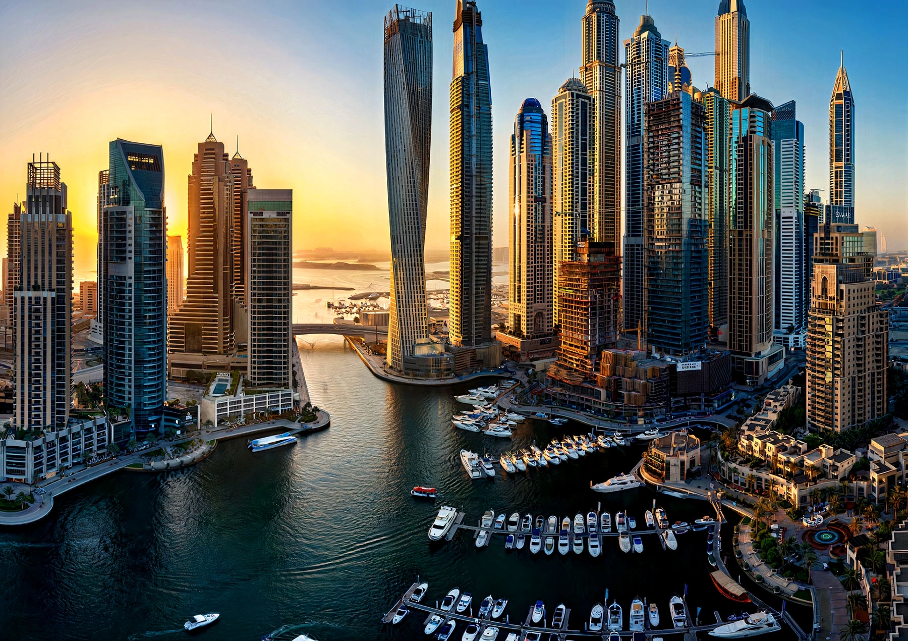 Панорама Dubai Marina на закате